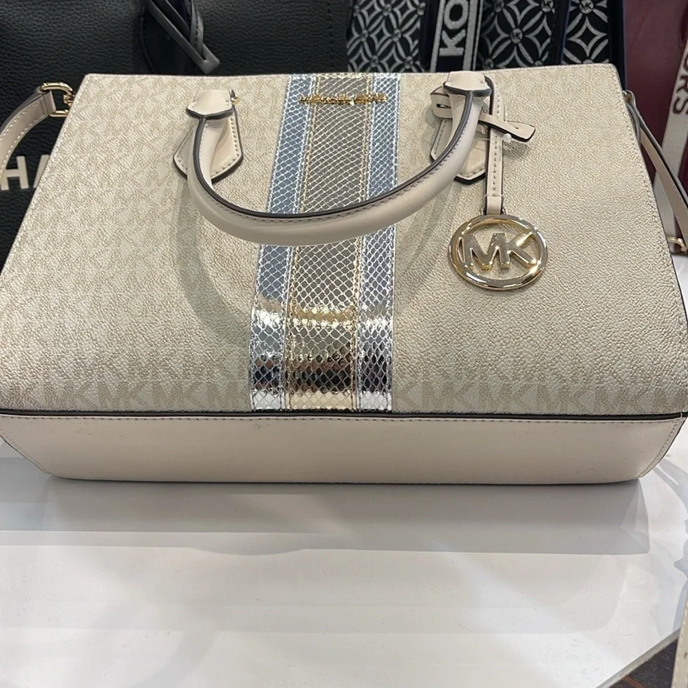 Michael Kors Sheila Medium Signature Logo and Metallic Satchel Crossbody CZ NWT